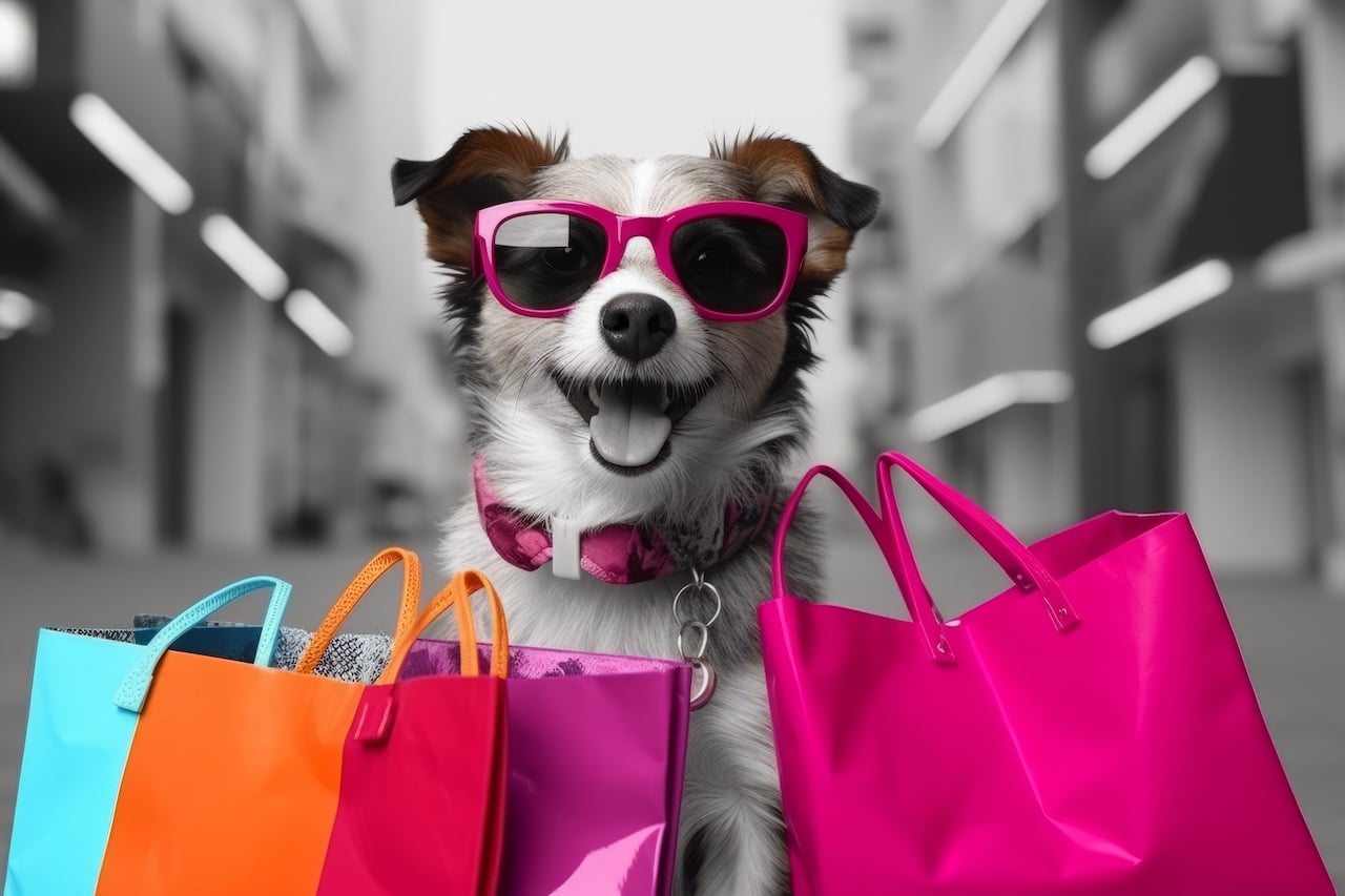A dog having a shopping spree