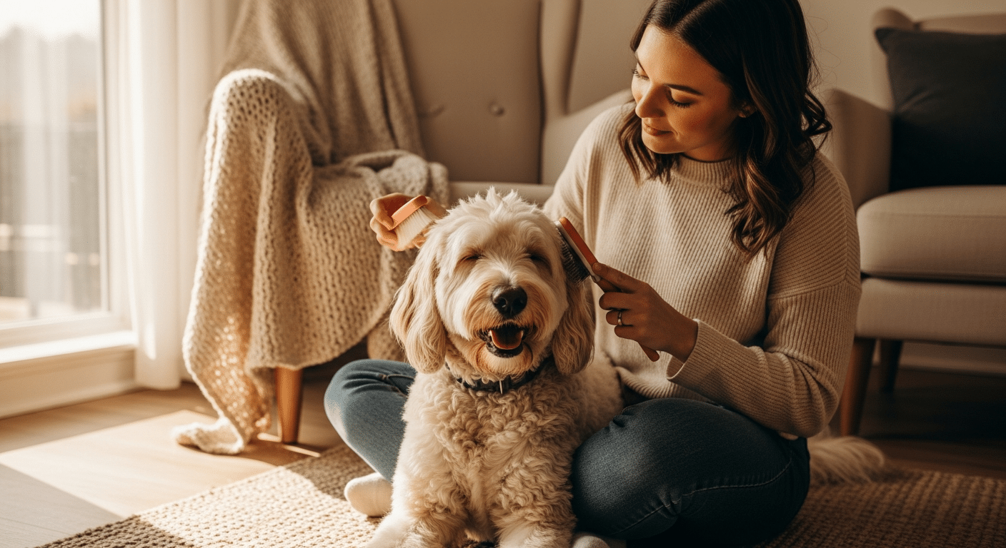 Owner brushing a fluffy dog at home