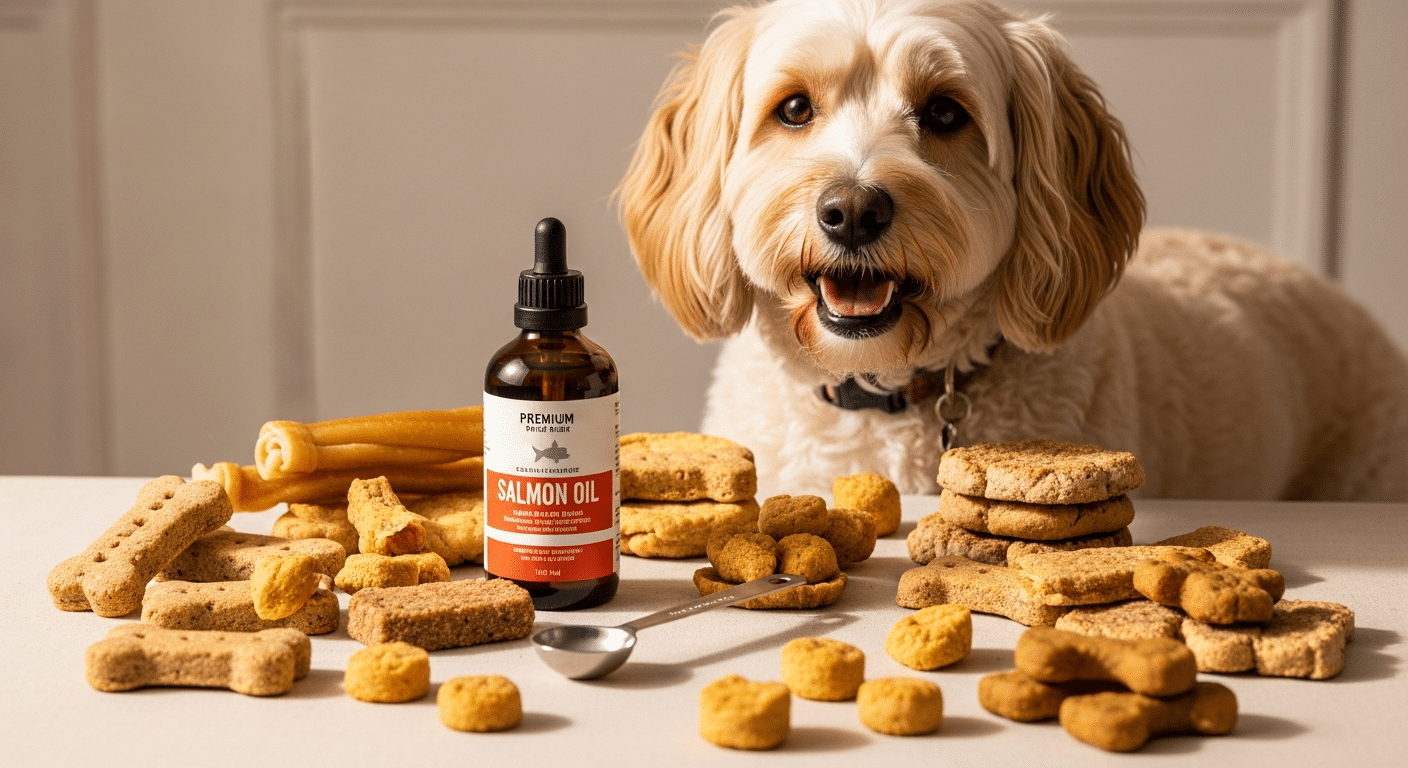 Healthy dog treats arranged with omega supplements