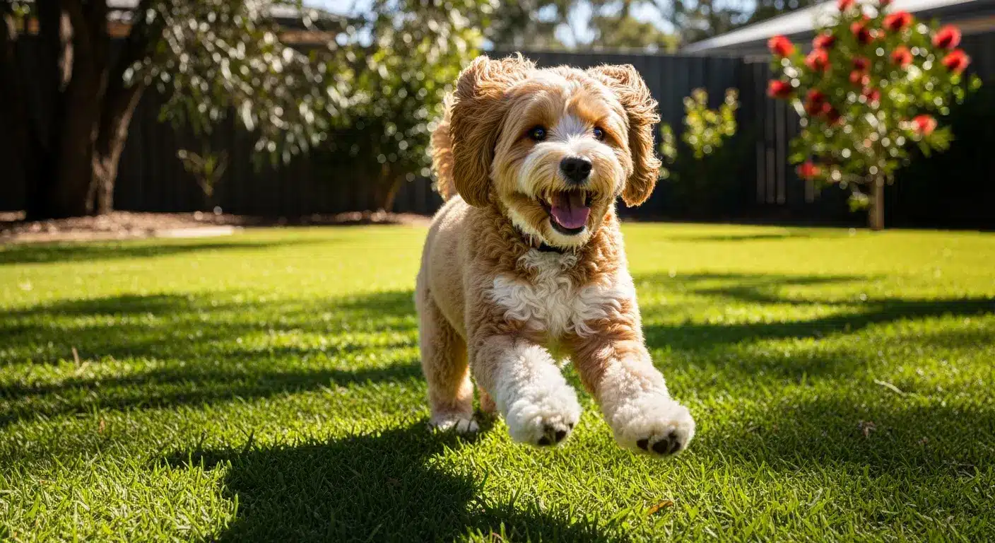 Happy cavoodle family dog enjoying outdoor exercise and play
