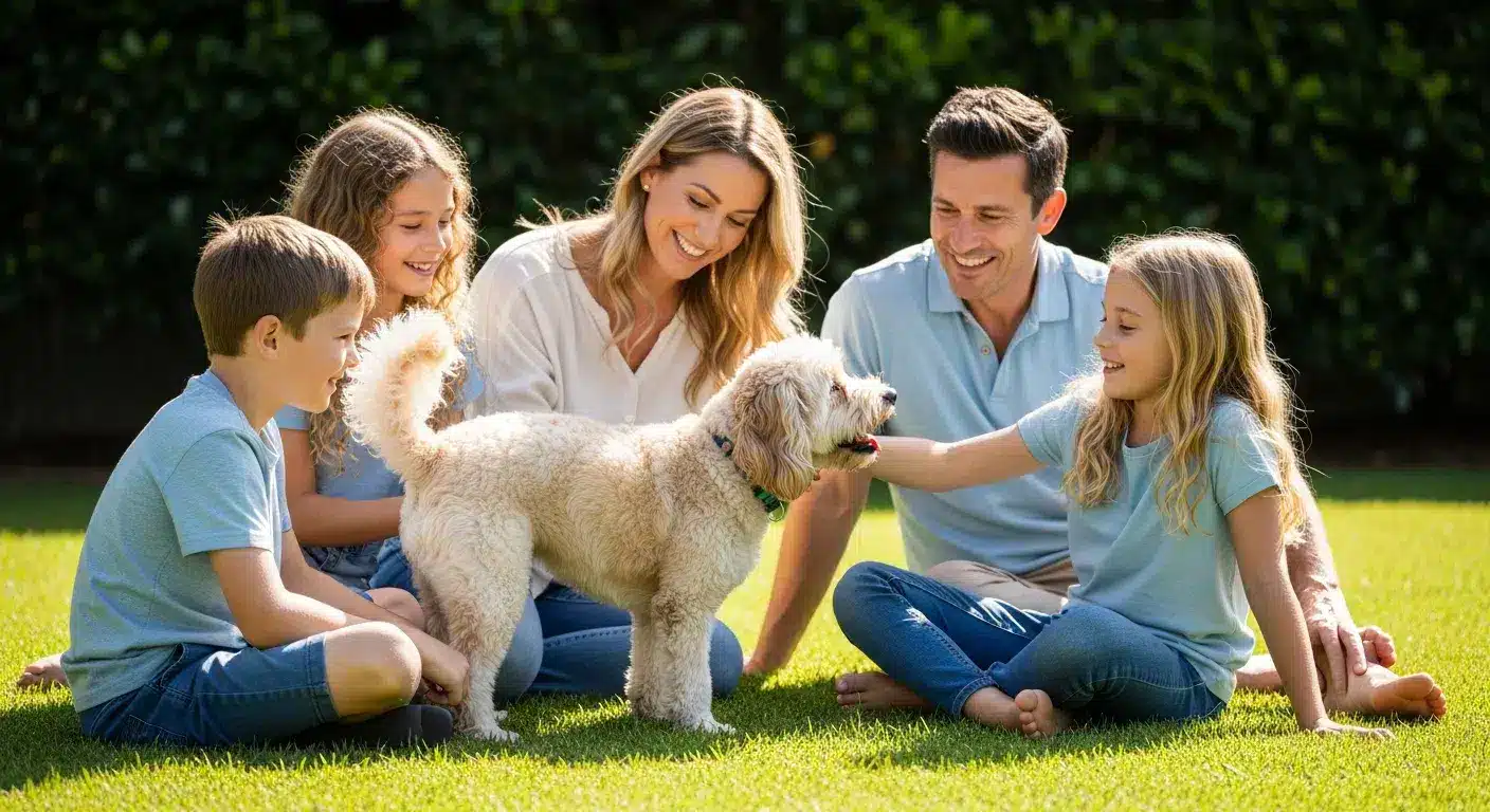 Australian family playing with mini Cavoodle in backyard