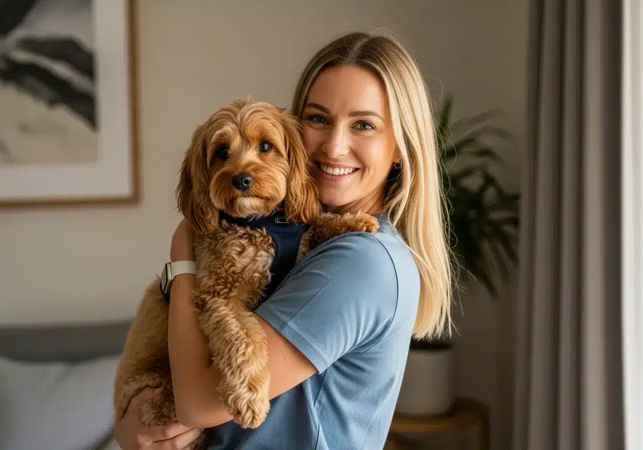 Woman holding mini Cavoodle to show typical size