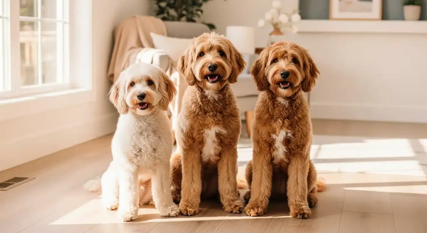 Three doodle breeds Cavoodle Labradoodle and Goldendoodle with healthy mat-free coats