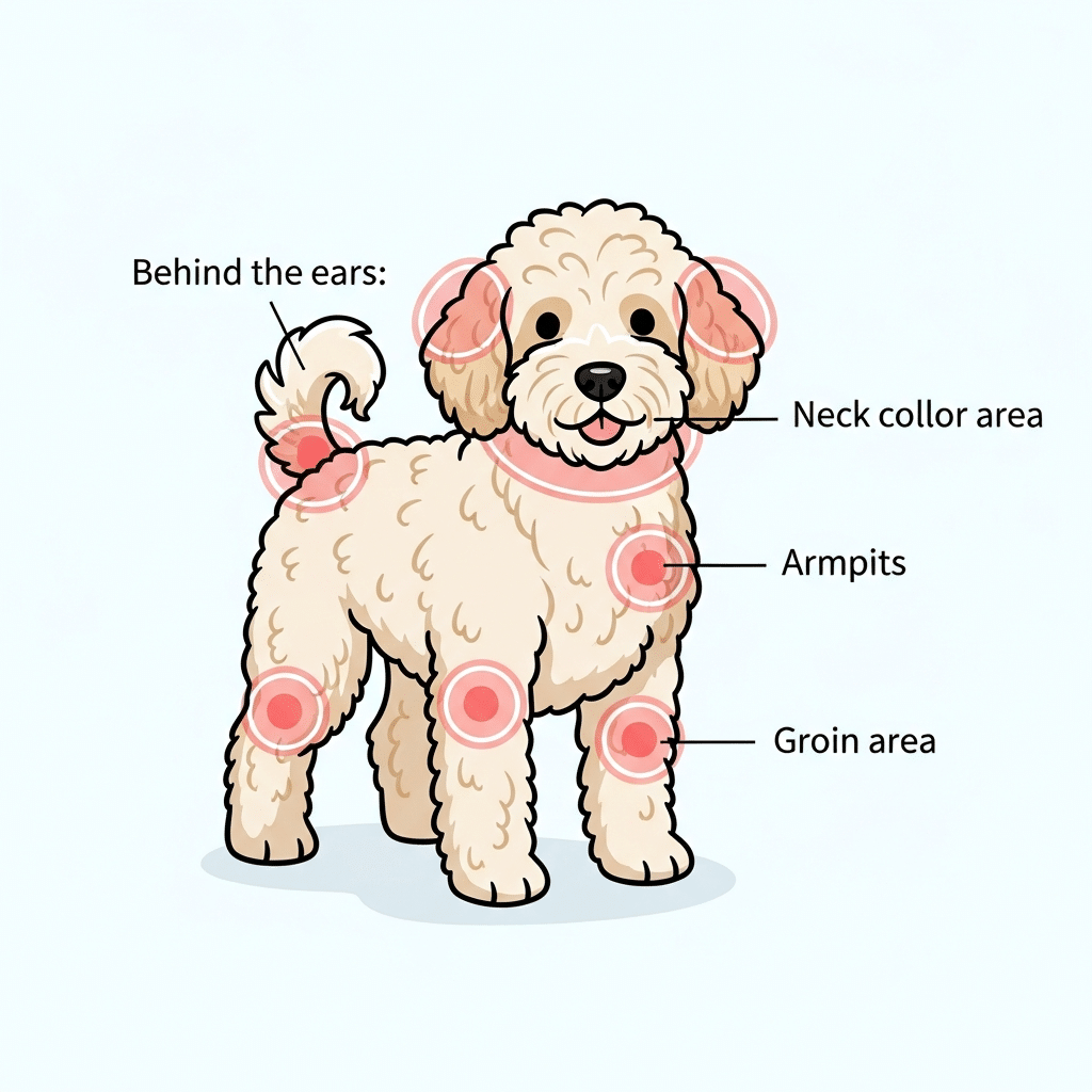Diagram showing common matting zones on a doodle - behind ears, armpits, and hindquarters