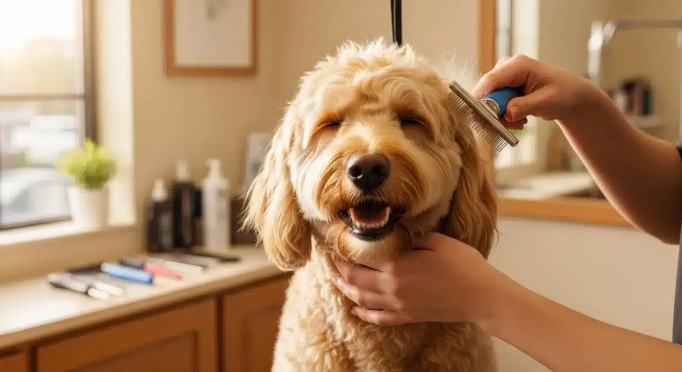 Labradoodle being groomed with slicker brush showing proper coat care technique