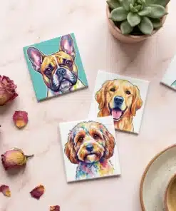 Custom dog portrait magnets showing personalized pet artwork on refrigerator magnets