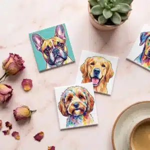 Custom dog portrait magnets showing personalized pet artwork on refrigerator magnets