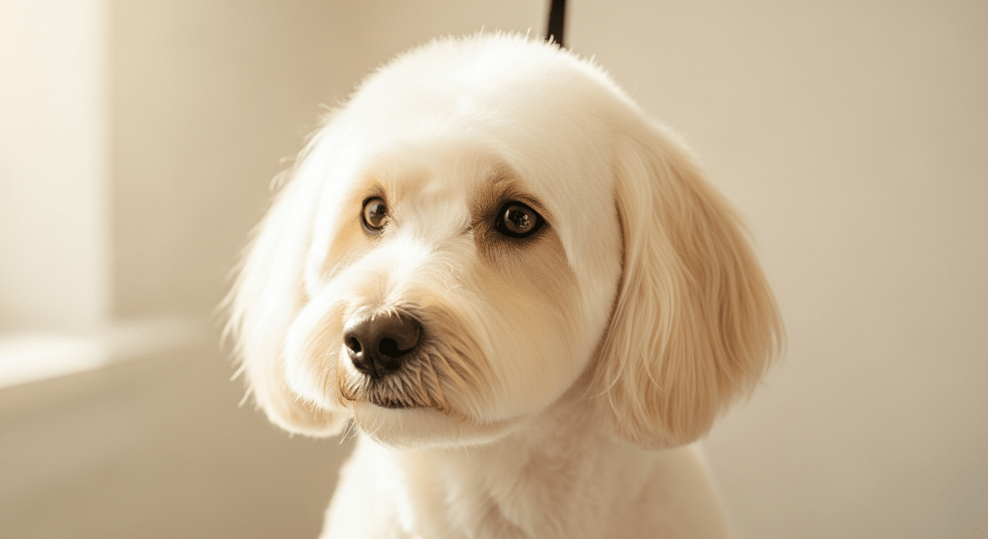 Beautifully groomed Moodle with fluffy white coat