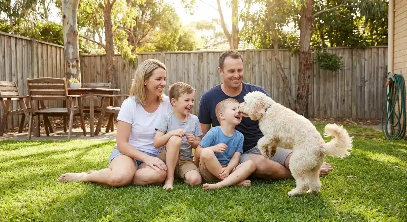 Happy family with cream Cavoodle in sunny Australian backyard