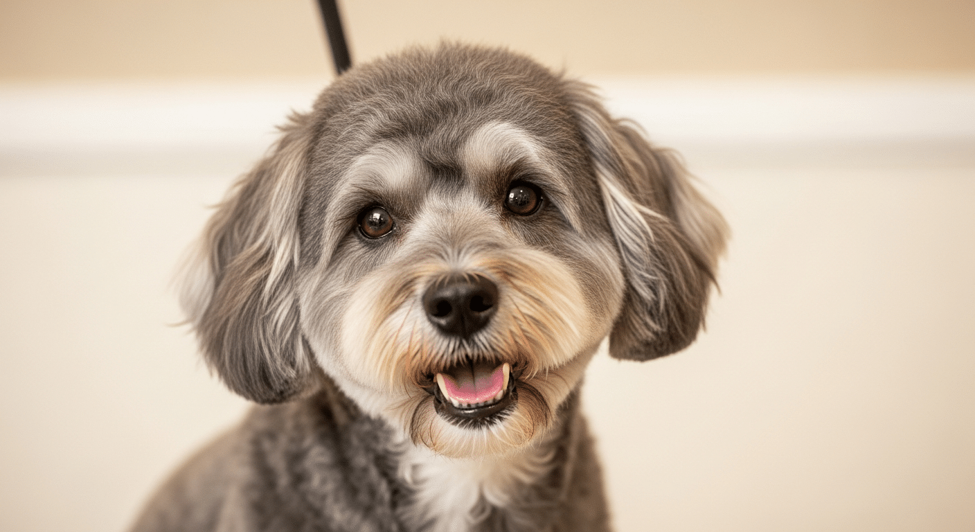Beautifully groomed Schnoodle with curly gray and white coat