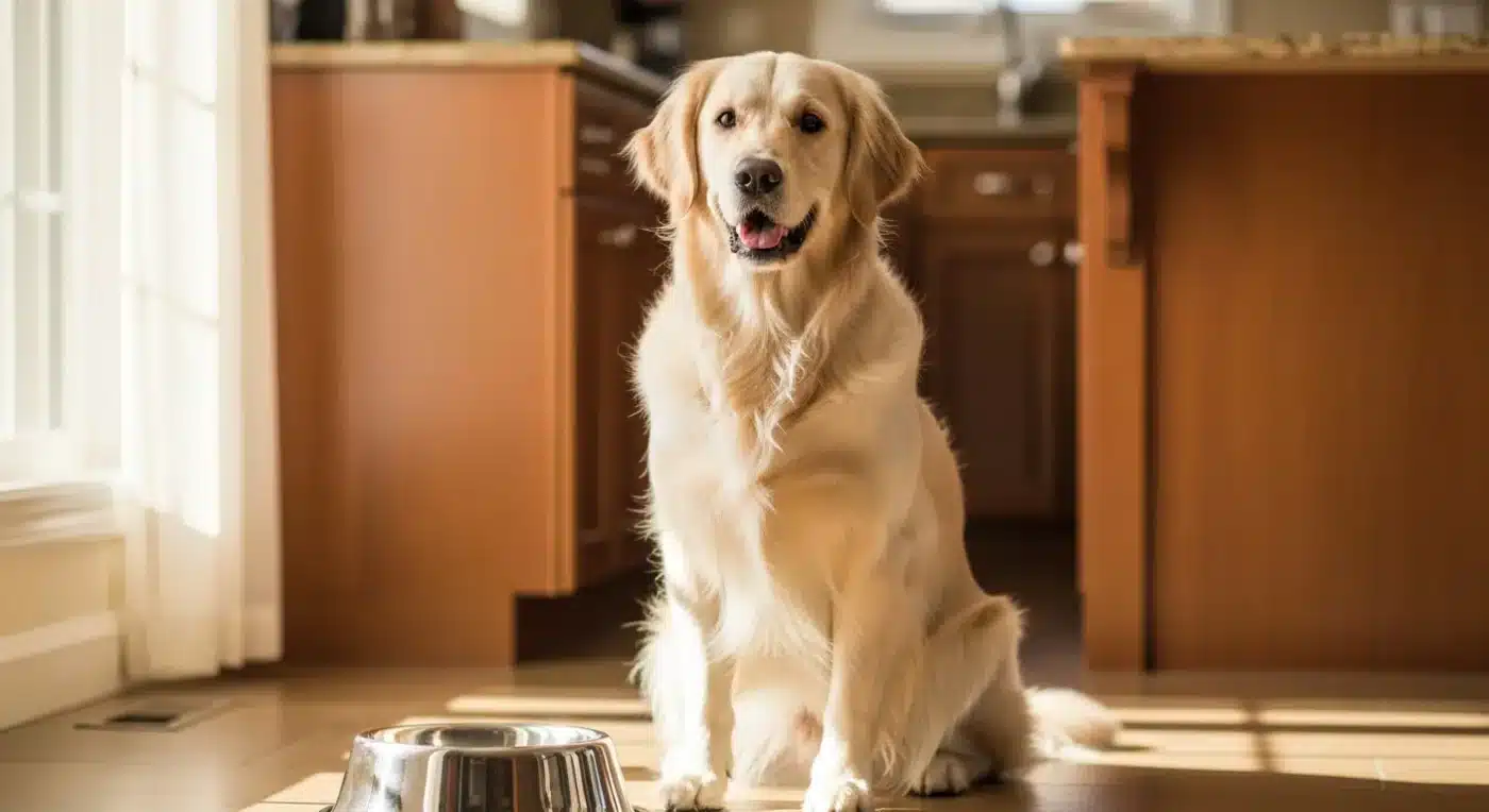 Golden retriever with shiny healthy coat next to food bowl - dog nutrition for healthy fur