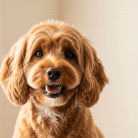 Beautifully groomed Spoodle (Cocker Spaniel Poodle mix) with wavy apricot coat