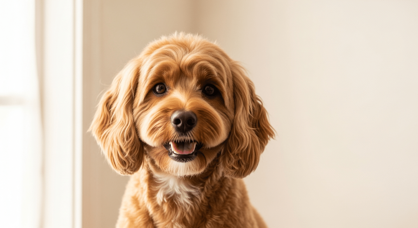 Beautifully groomed Spoodle with wavy apricot coat