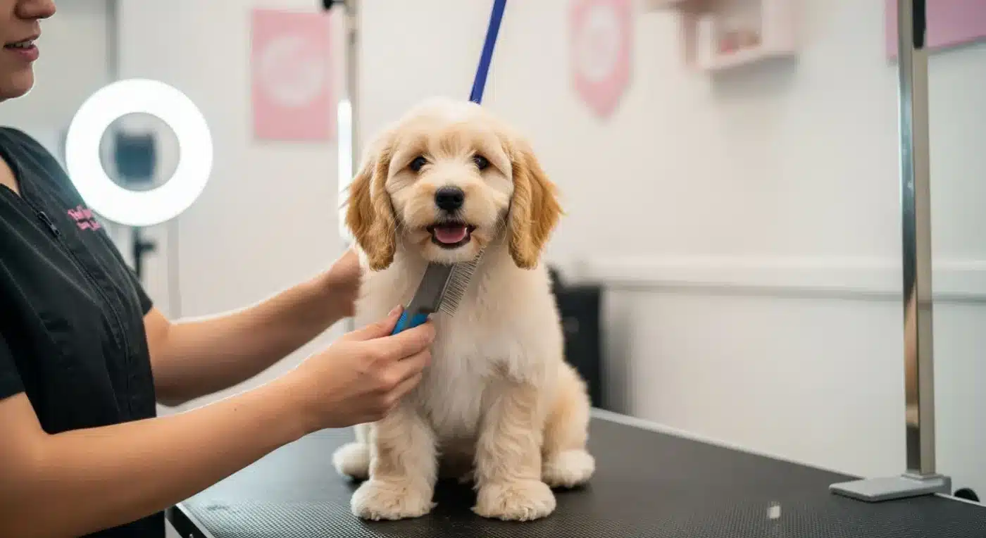 Cavoodle Puppy Grooming Timeline - When to Start Grooming – Woof Spark Cavoodle puppy grooming timeline showing a young puppy being brushed on a grooming table