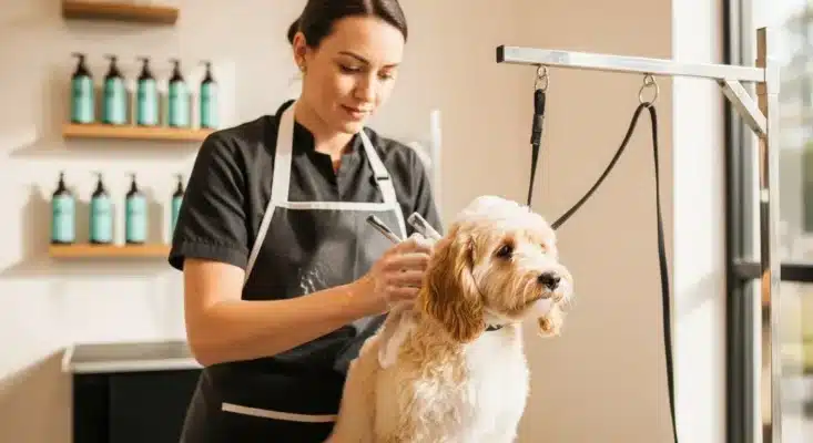 Professional groomer bathing a Cavoodle with salon-grade professional dog shampoo at WoofSpark grooming salon