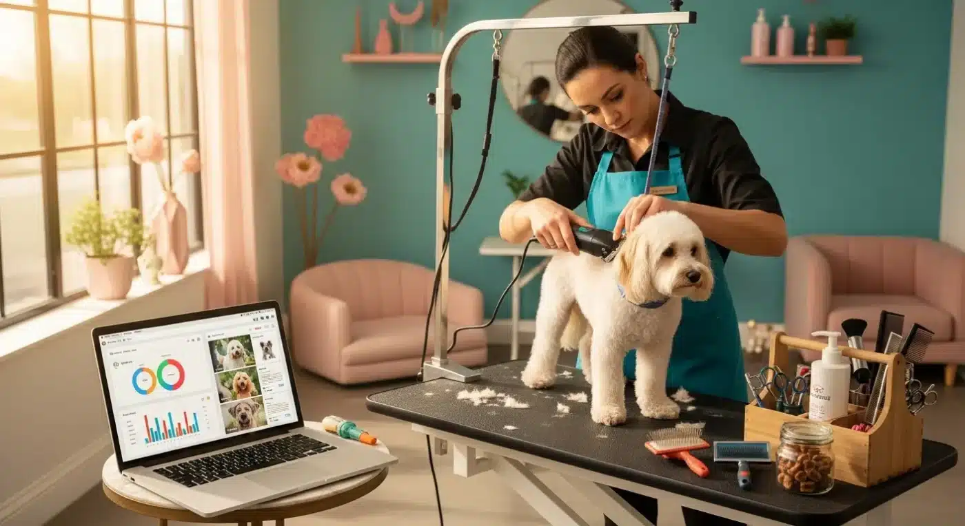 AI tools for dog businesses shown in a modern grooming salon with laptop and grooming equipment