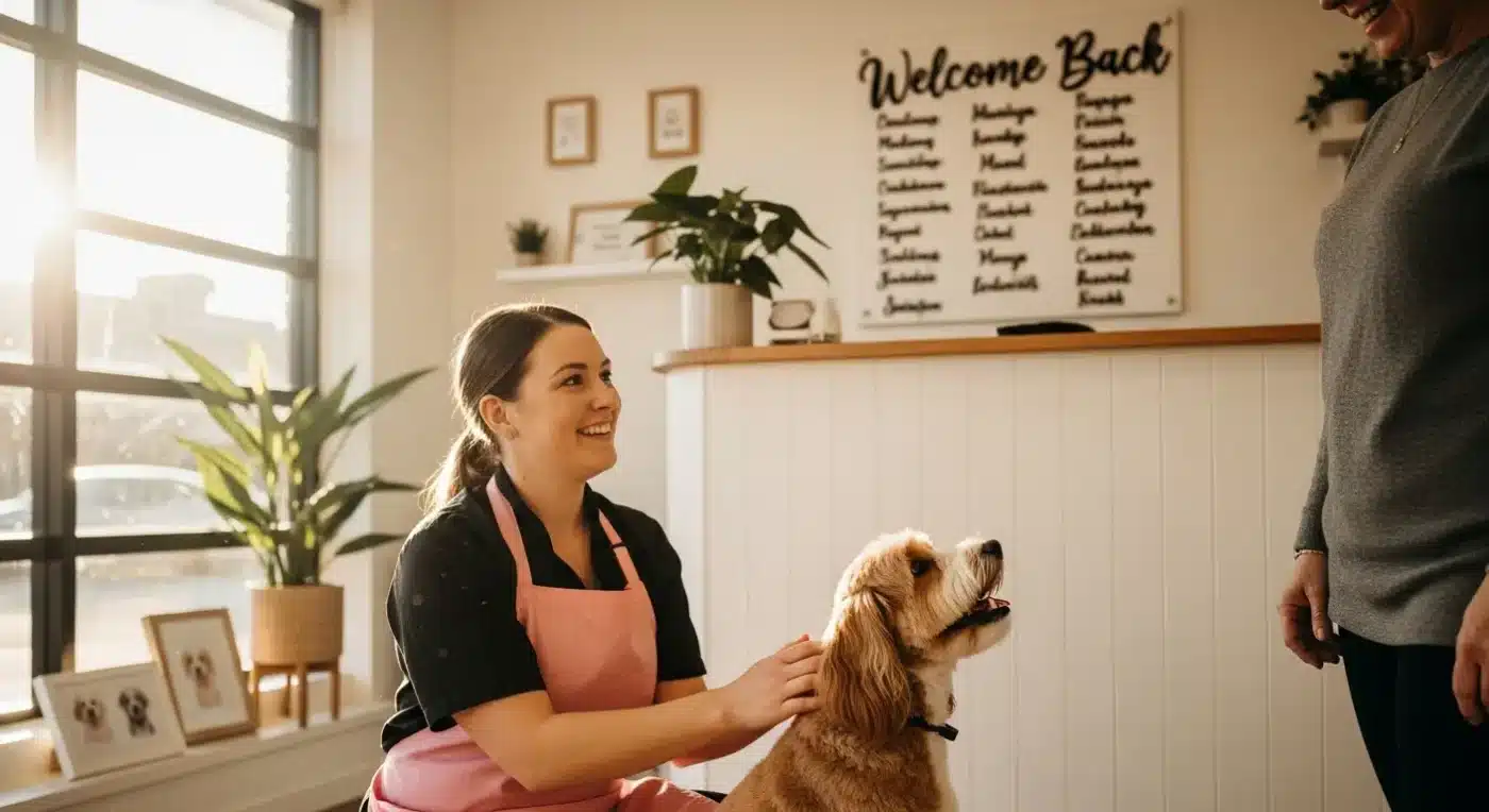 Client retention dog business — groomer welcoming a returning client and their Cavoodle at a salon