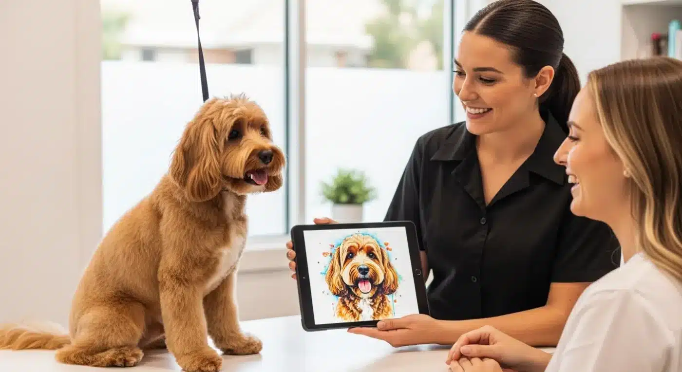 Custom pet portraits for dog businesses showing a groomer presenting a digital portrait to a client at the salon counter