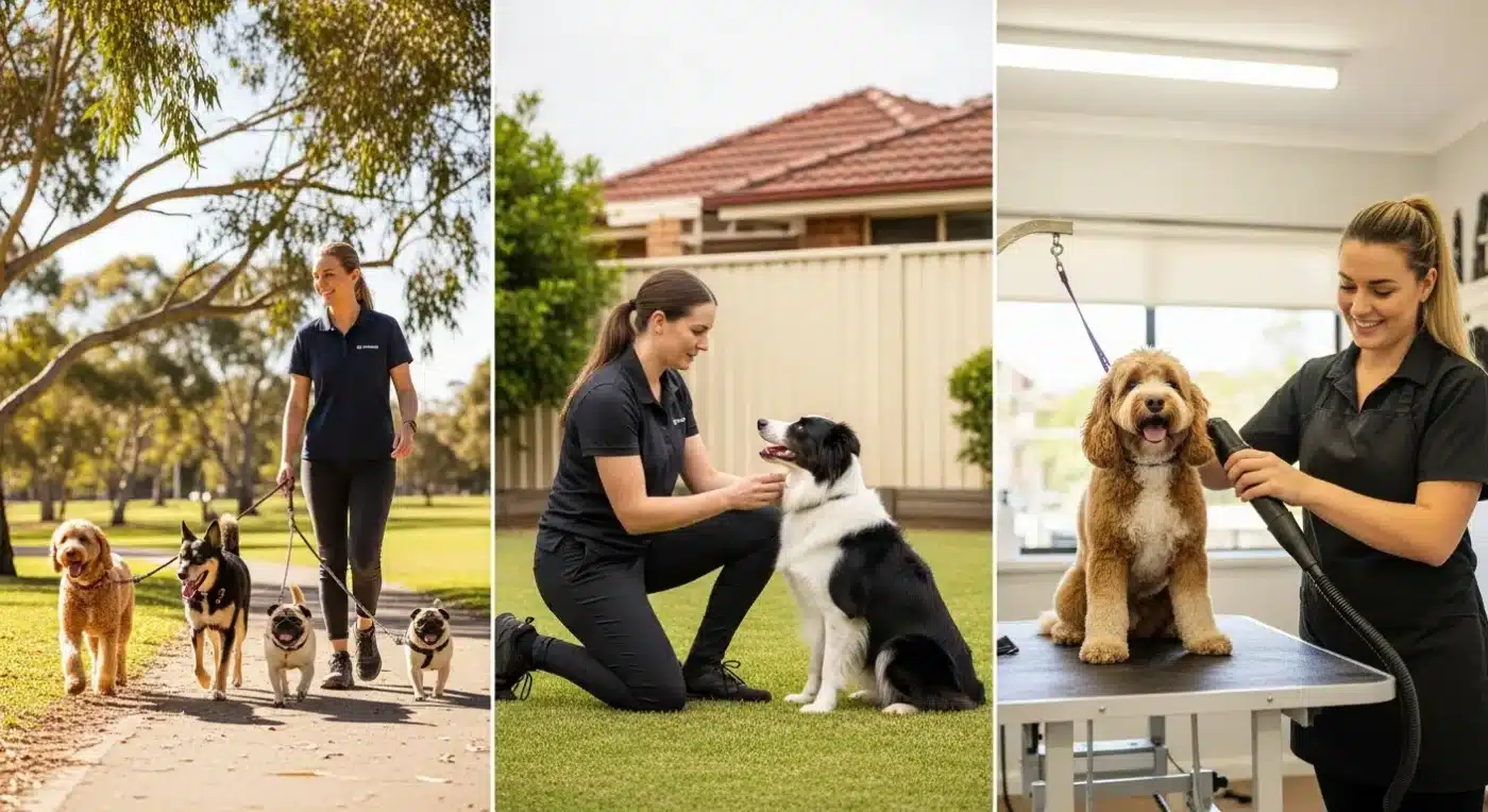 Dog business marketing Australia showing a walker, trainer, and groomer working with happy dogs