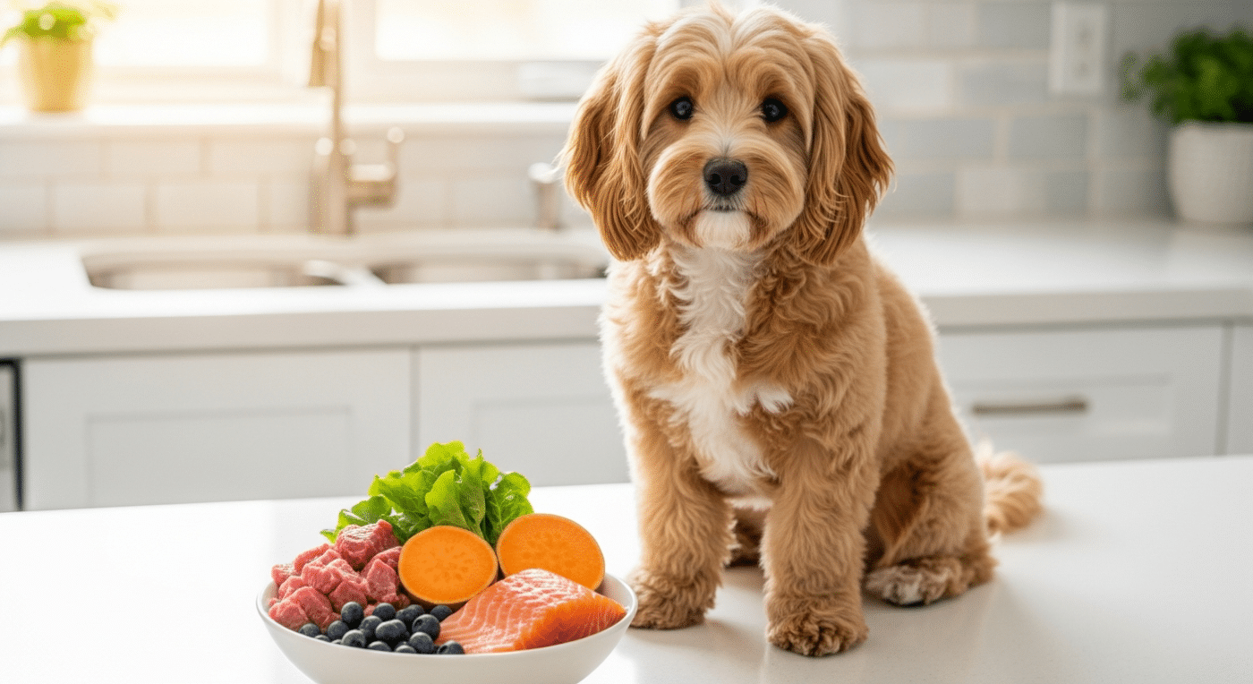Doodle nutrition guide showing a healthy cavoodle with a shiny coat sitting next to fresh food ingredients