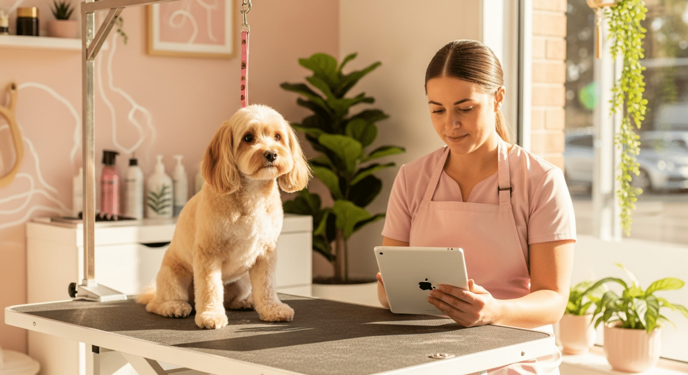Email marketing for dog groomers — groomer using tablet in salon with freshly groomed Cavoodle