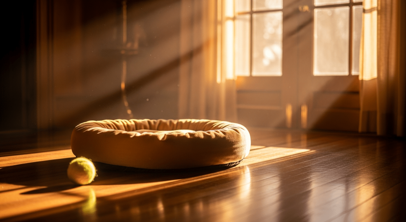 Grieving the loss of a dog — an empty dog bed in sunlit room representing the quiet absence after losing a pet