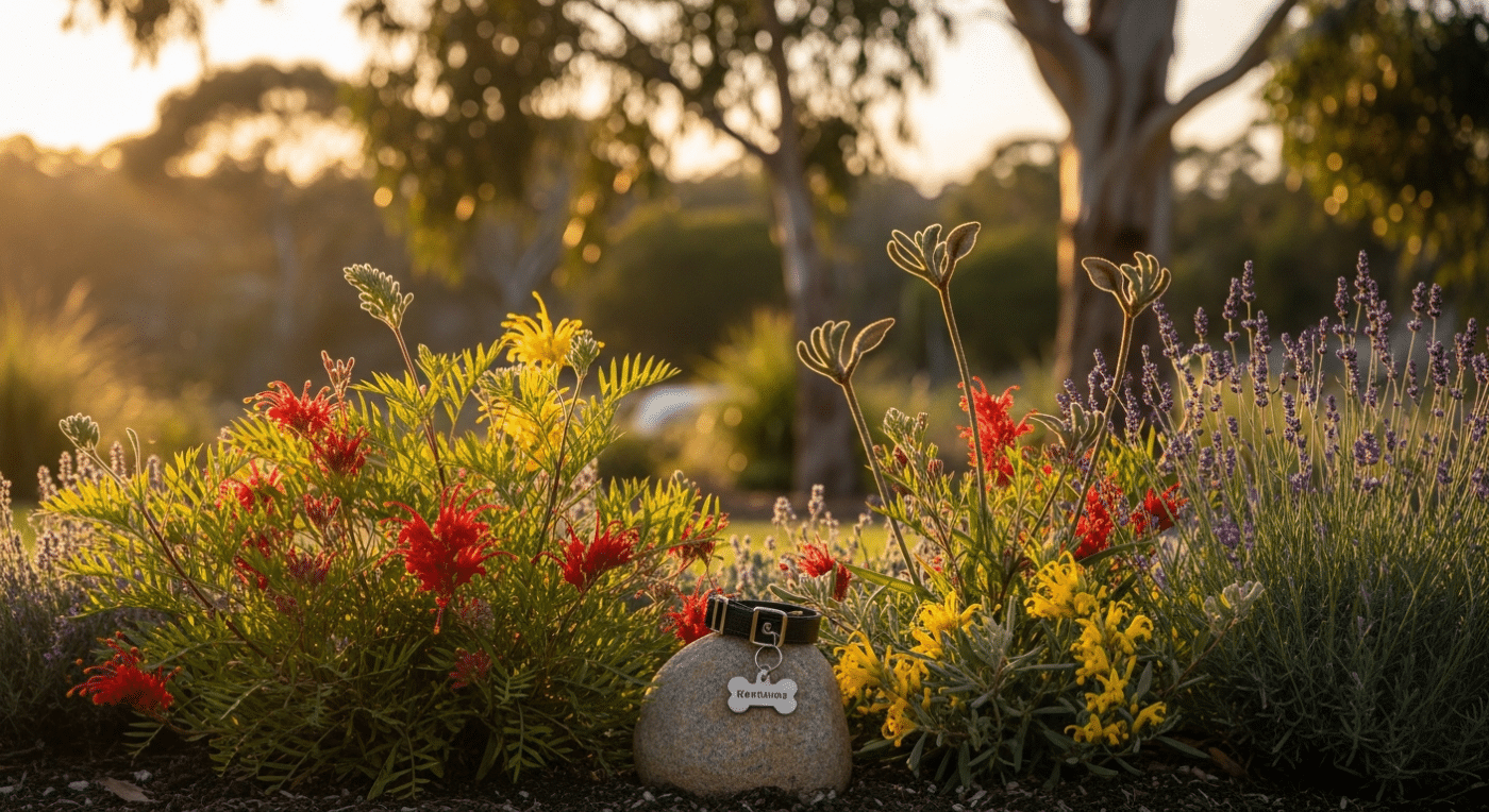 honour your dog after they pass — peaceful memorial garden with native Australian flowers and a dog collar resting against a stone marker at golden hour