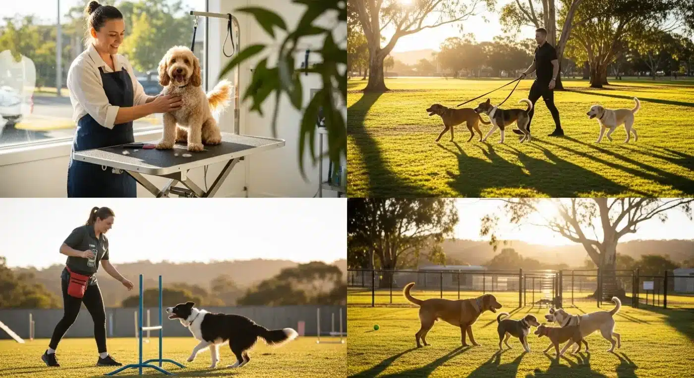 How to start a dog business Australia - multiple dog business types including grooming, walking, training, and daycare
