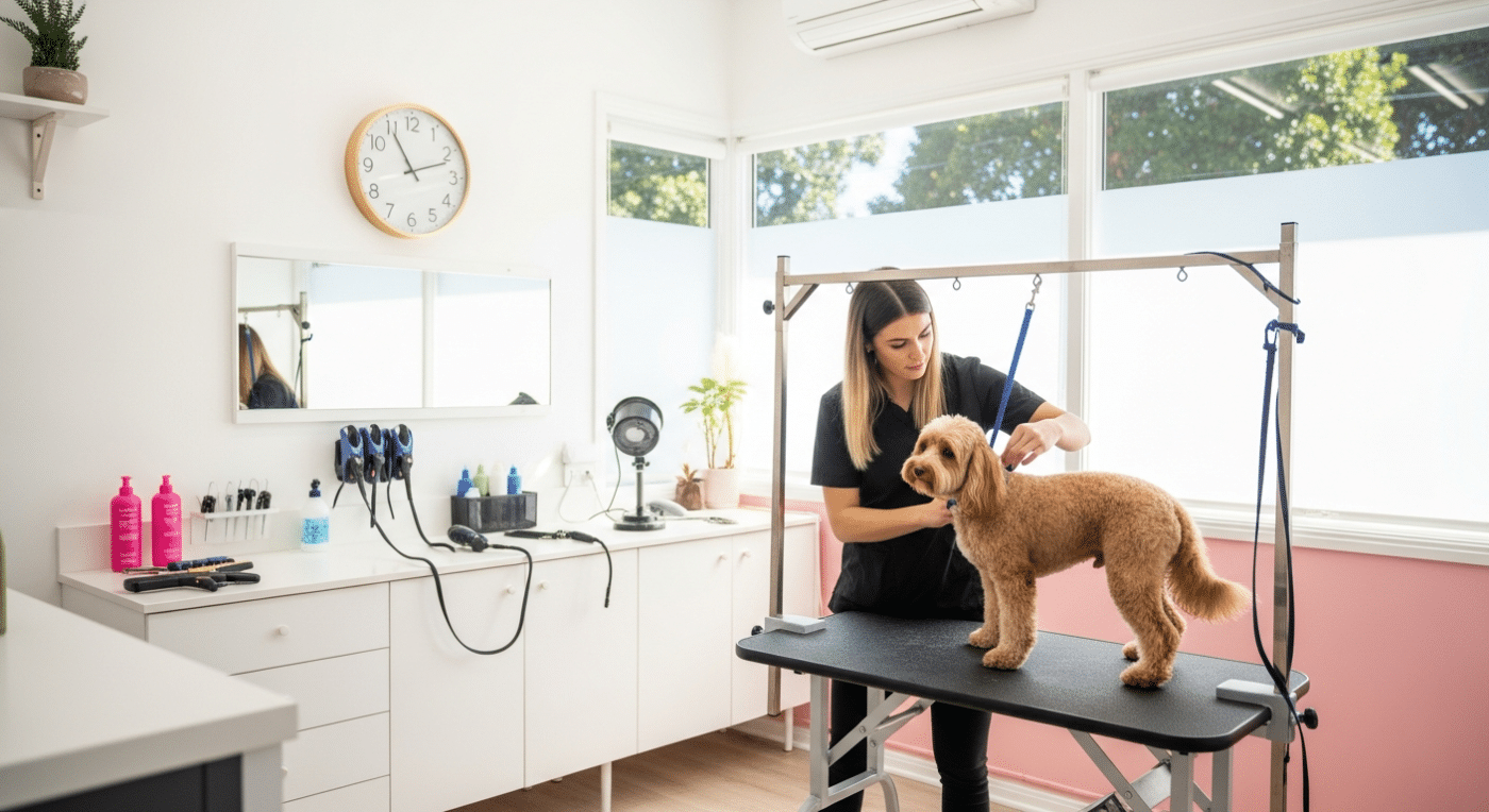 Dog grooming profitable Australia — professional groomer working on a Cavoodle in a modern Australian grooming salon