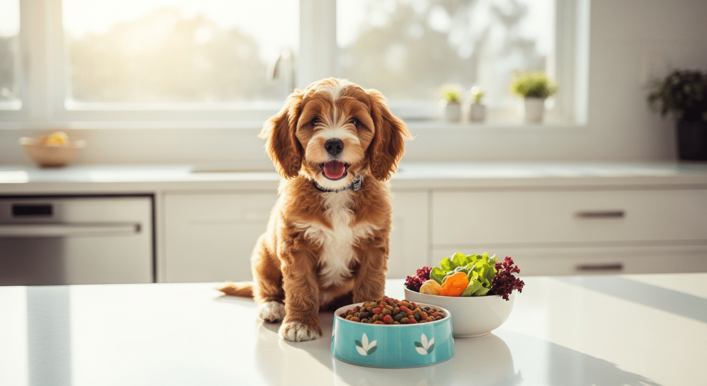Lyka discount code - Cavoodle puppy with fresh dog food in Australian kitchen