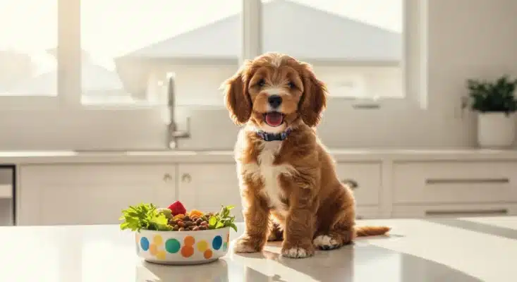 Lyka discount code - Cavoodle puppy with fresh dog food in Australian kitchen