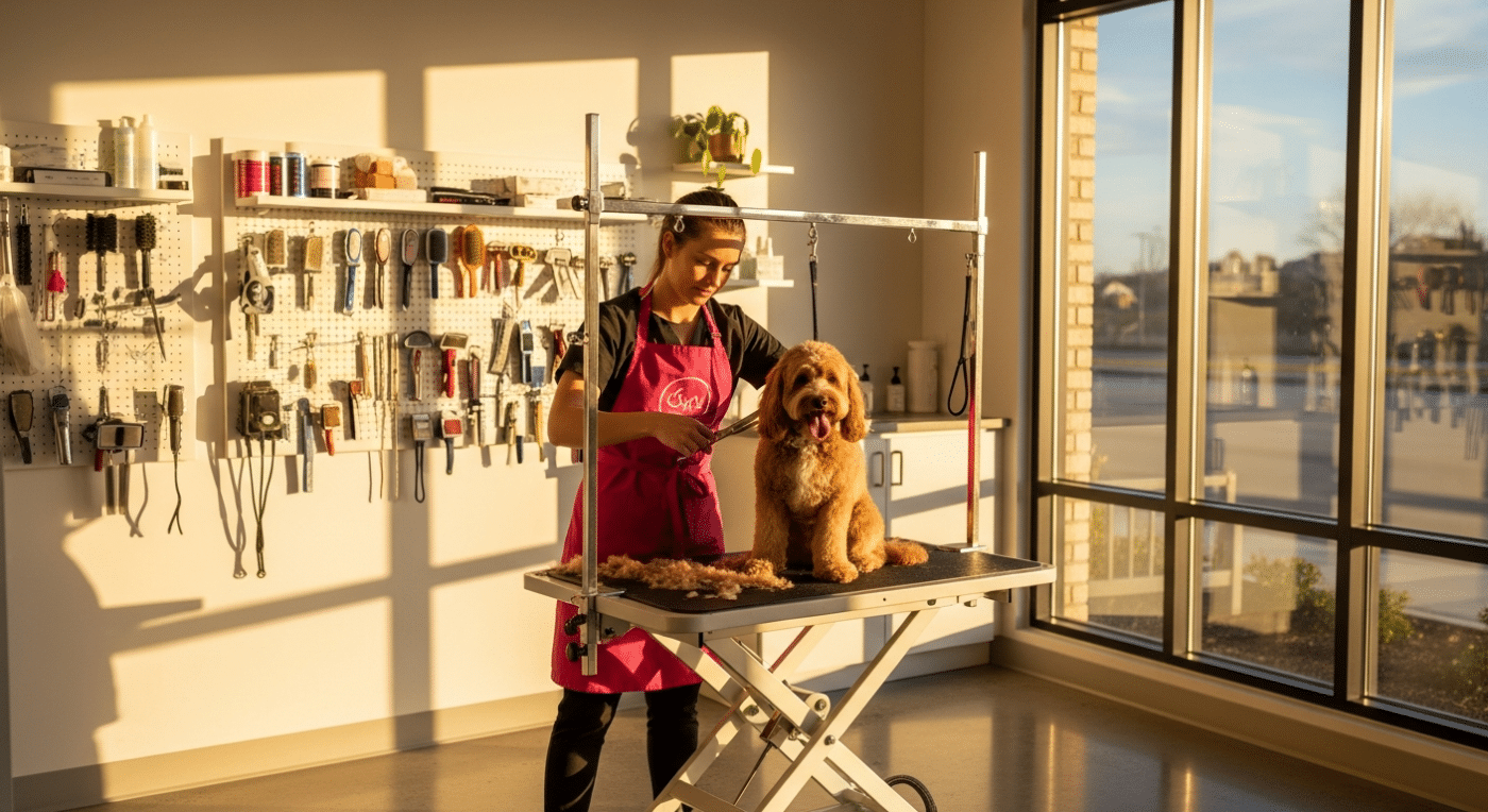 Pet business ideas Australia - professional dog grooming salon with groomer and Cavoodle