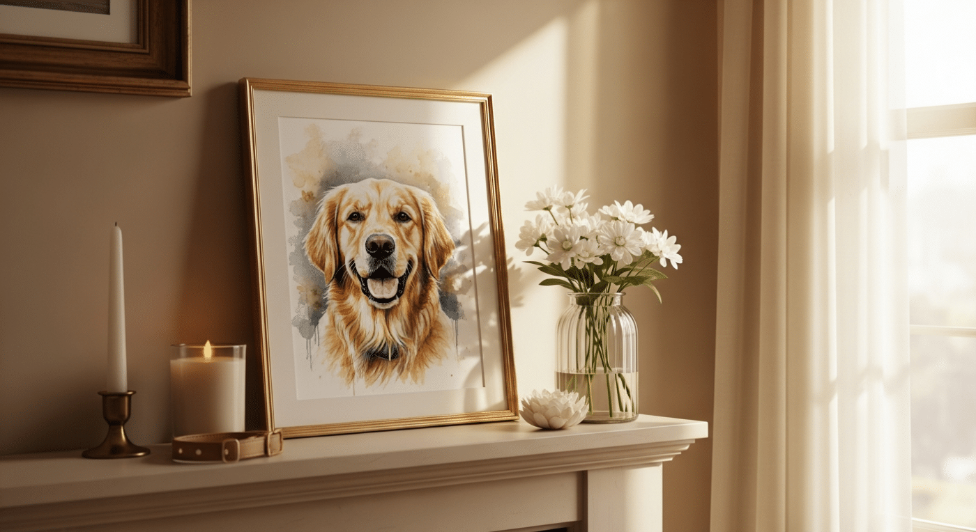 pet memorial portraits business showing a framed watercolour memorial portrait on a mantelpiece