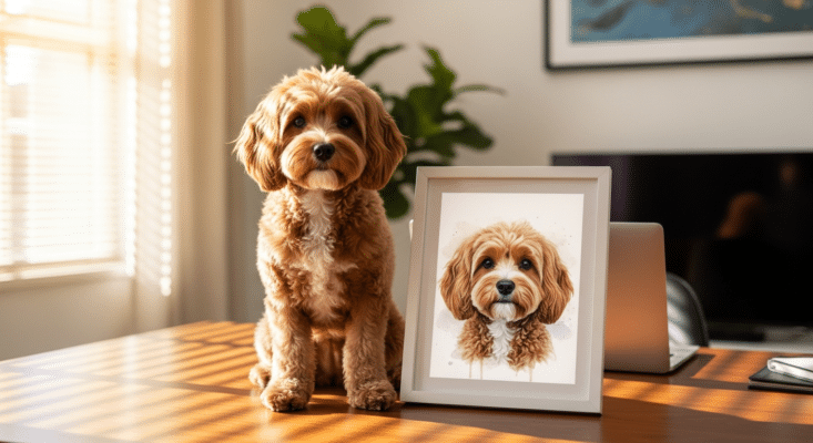 Pet portrait business guide showing a custom dog portrait displayed in a home office setting