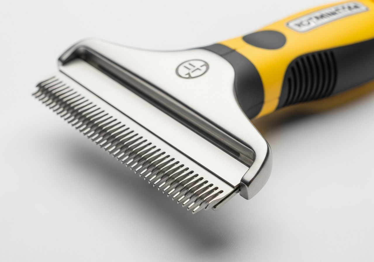 Close-up of deshedding tool showing metal blade